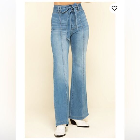 A CALEN by FLYING TOMATO LIGHT WASH HIGH RISE WAIST TIE FLARE JEANS - Picture 1 of 7